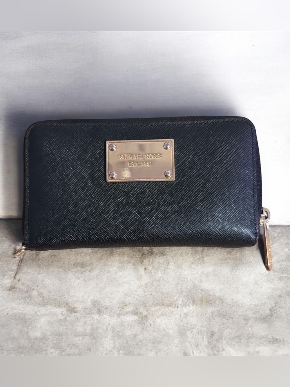 Michael Kors Black Zip-Around Wallet with Gold Plaque